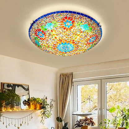 Traditional Tiffany Metal Glass Floral Pattern Round 2/3/4 Light Flush Mount Ceiling Light for Bedroom