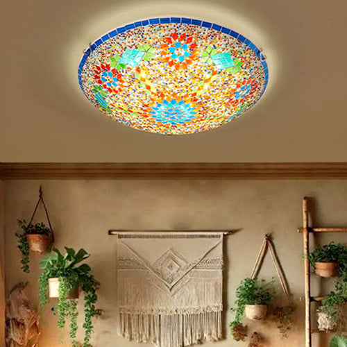 Traditional Tiffany Metal Glass Floral Pattern Round 2/3/4 Light Flush Mount Ceiling Light for Bedroom
