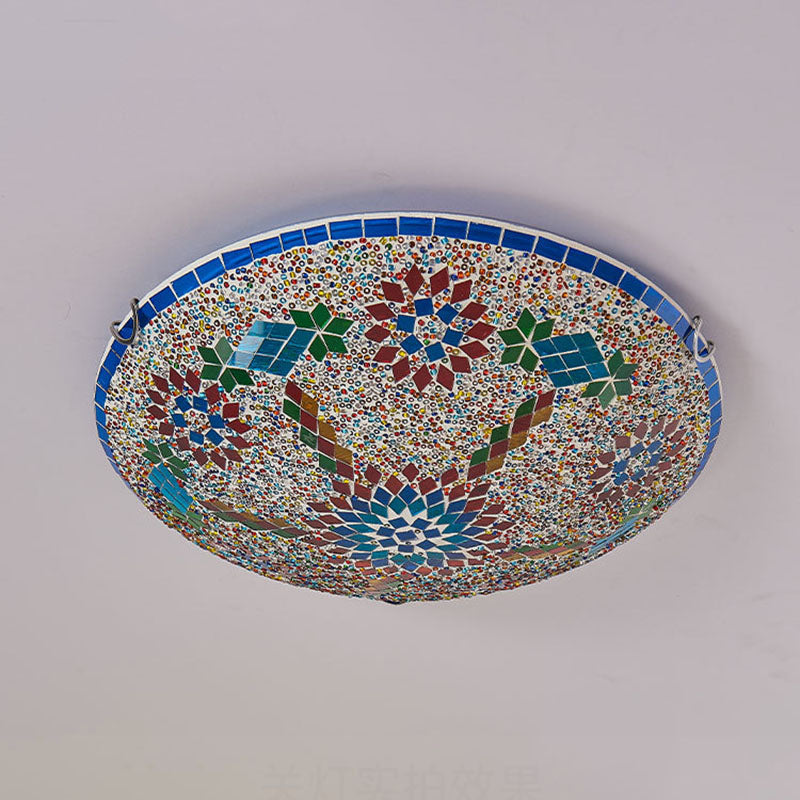 Traditional Tiffany Metal Glass Floral Pattern Round 2/3/4 Light Flush Mount Ceiling Light for Bedroom