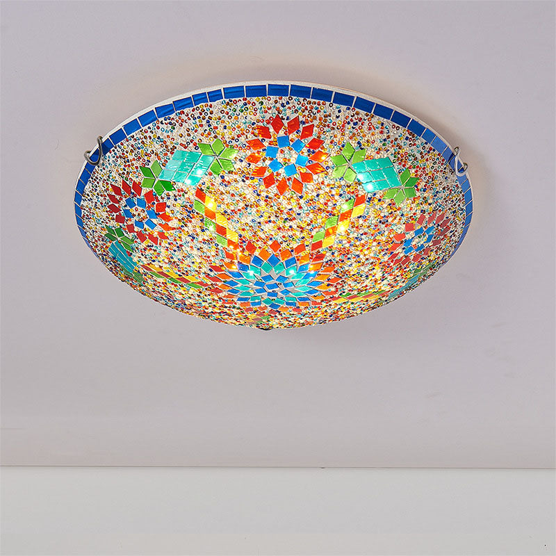 Traditional Tiffany Metal Glass Floral Pattern Round 2/3/4 Light Flush Mount Ceiling Light for Bedroom