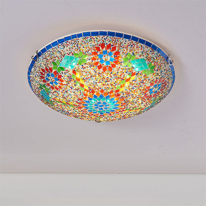 Traditional Tiffany Metal Glass Floral Pattern Round 2/3/4 Light Flush Mount Ceiling Light for Bedroom