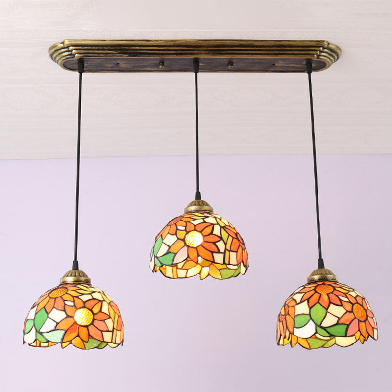 Traditional Tiffany Iron Glass Sunflower Round 3-light Chandelier for Dining Room BulbSquare