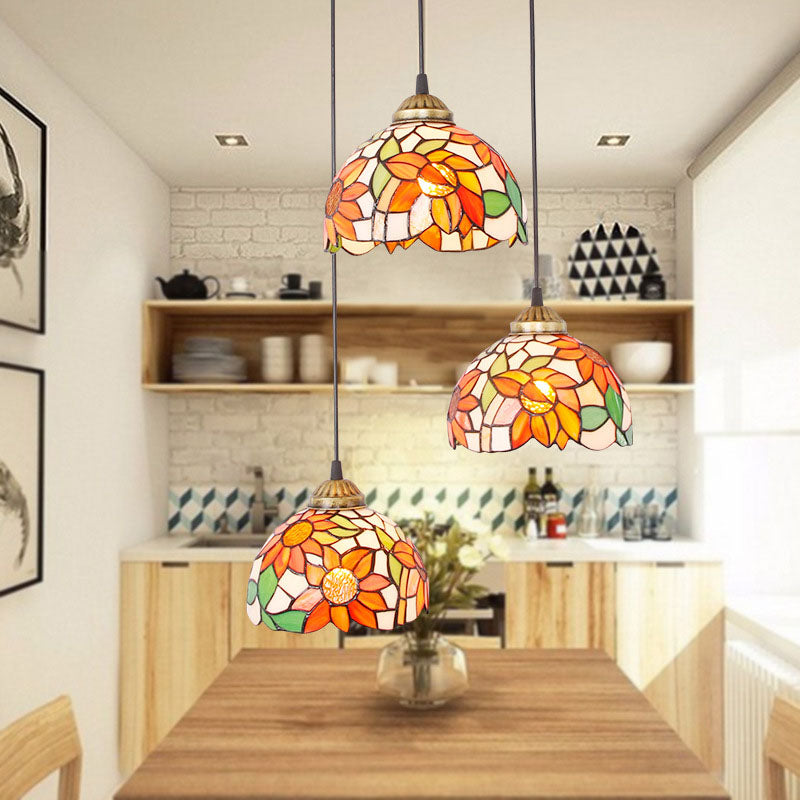 Traditional Tiffany Iron Glass Sunflower Round 3-light Chandelier for Dining Room BulbSquare