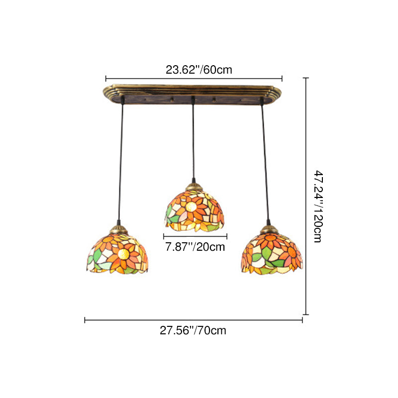 Traditional Tiffany Iron Glass Sunflower Round 3-light Chandelier for Dining Room BulbSquare