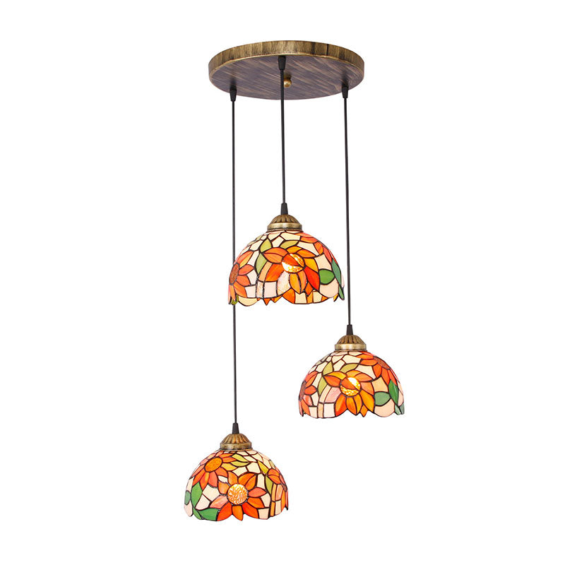 Traditional Tiffany Iron Glass Sunflower Round 3-light Chandelier for Dining Room BulbSquare