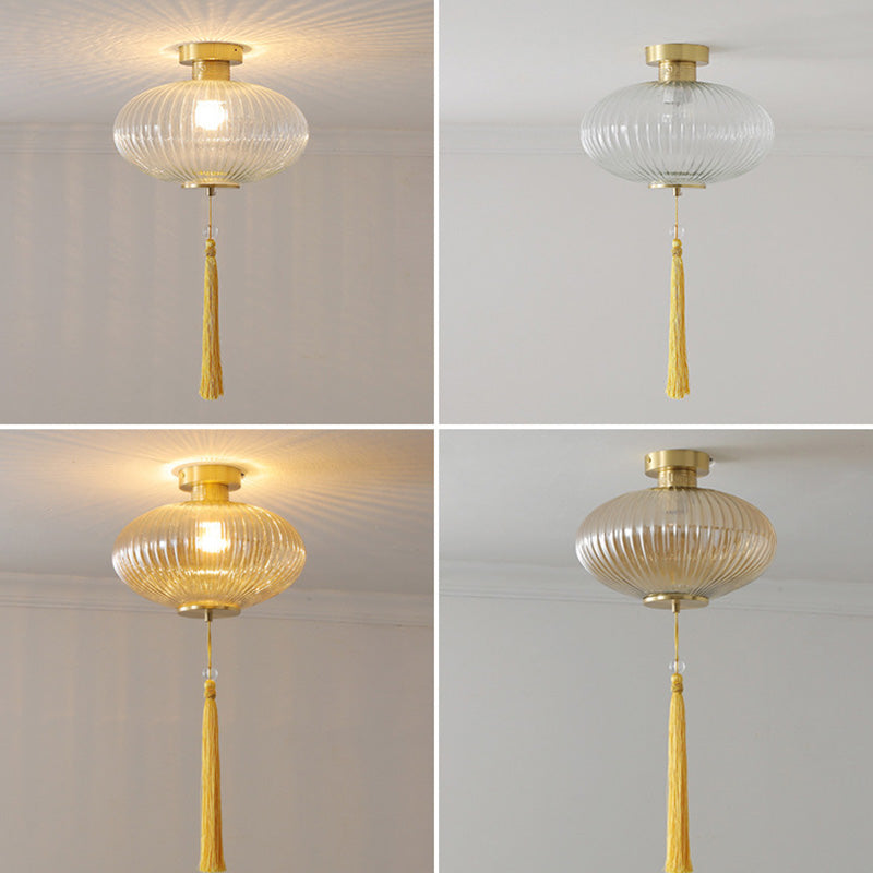 Traditional Chinese Round Lantern Glass Copper 1-light Semi-flush Mount Ceiling Light for Bedroom