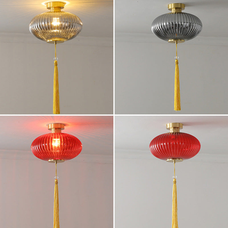 Traditional Chinese Round Lantern Glass Copper 1-light Semi-flush Mount Ceiling Light for Bedroom