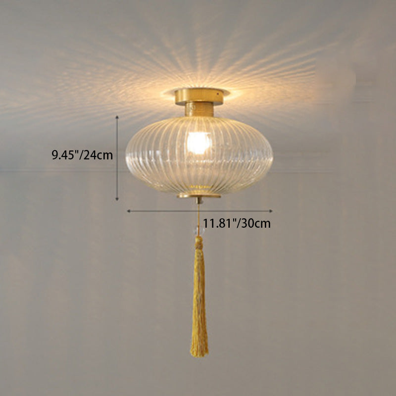 Traditional Chinese Round Lantern Glass Copper 1-light Semi-flush Mount Ceiling Light for Bedroom