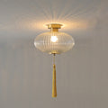 Traditional Chinese Round Lantern Glass Copper 1-light Semi-flush Mount Ceiling Light for Bedroom