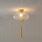 Traditional Chinese Round Lantern Glass Copper 1-light Semi-flush Mount Ceiling Light for Bedroom