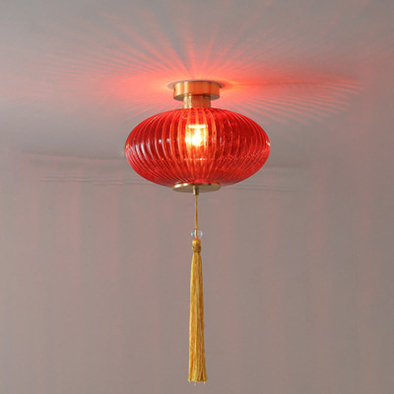 Traditional Chinese Round Lantern Glass Copper 1-light Semi-flush Mount Ceiling Light for Bedroom