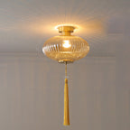 Traditional Chinese Round Lantern Glass Copper 1-light Semi-flush Mount Ceiling Light for Bedroom