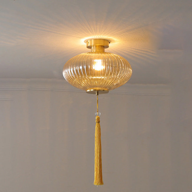 Traditional Chinese Round Lantern Glass Copper 1-light Semi-flush Mount Ceiling Light for Bedroom