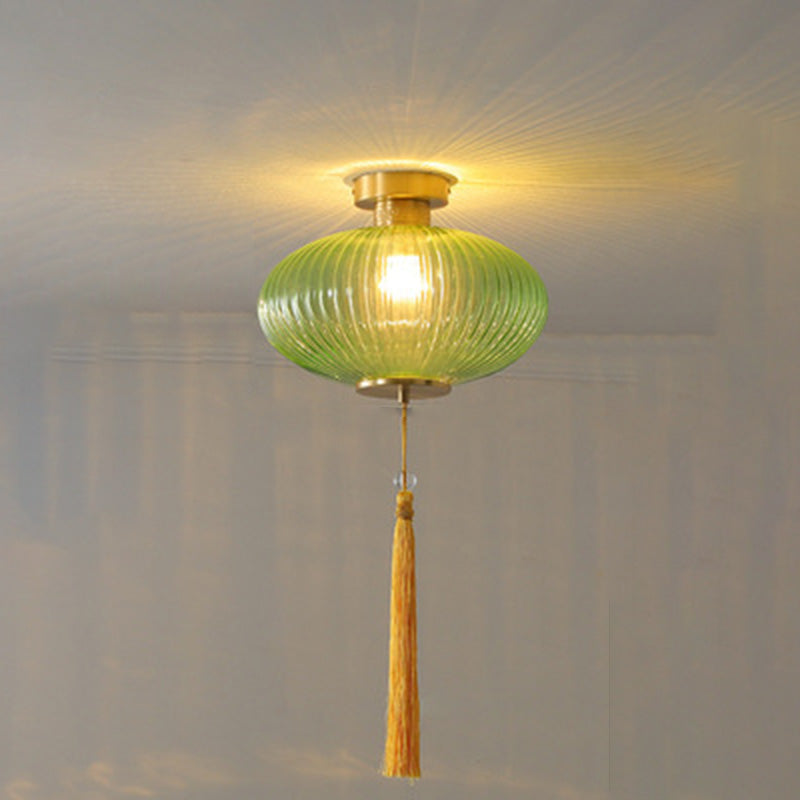 Traditional Chinese Round Lantern Glass Copper 1-light Semi-flush Mount Ceiling Light for Bedroom