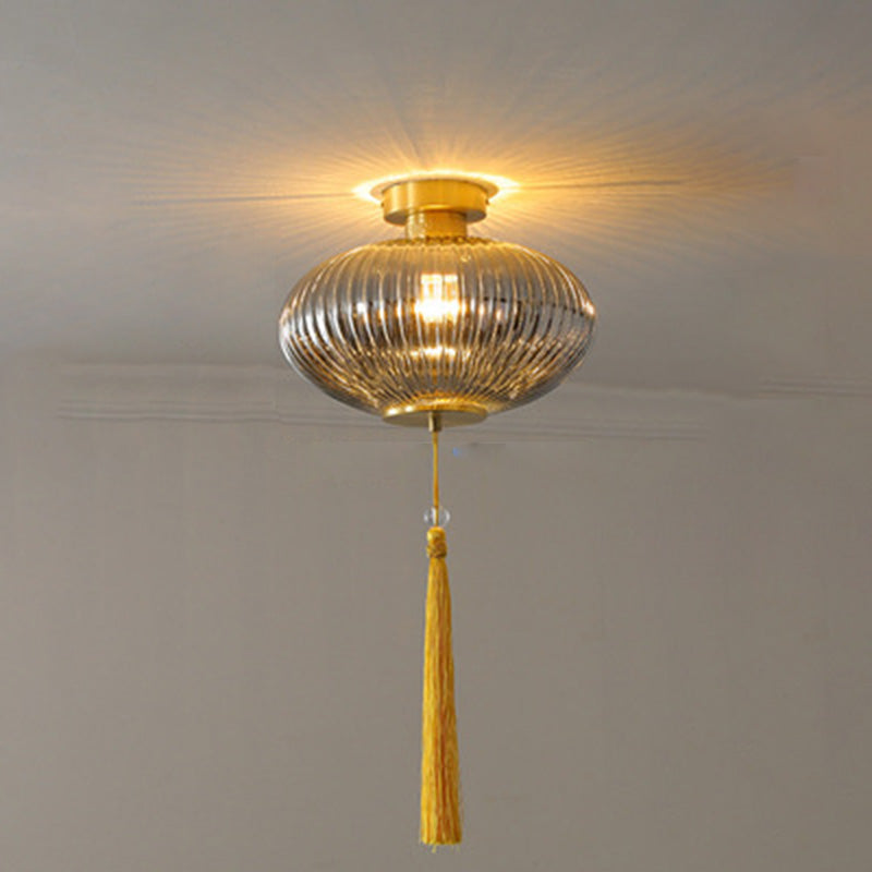 Traditional Chinese Round Lantern Glass Copper 1-light Semi-flush Mount Ceiling Light for Bedroom
