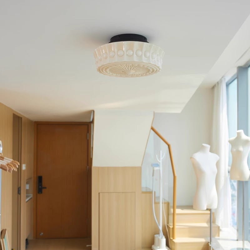 Traditional Vintage Round Pattern Glass Iron LED Semi-flush Mount Ceiling Light for Bedroom
