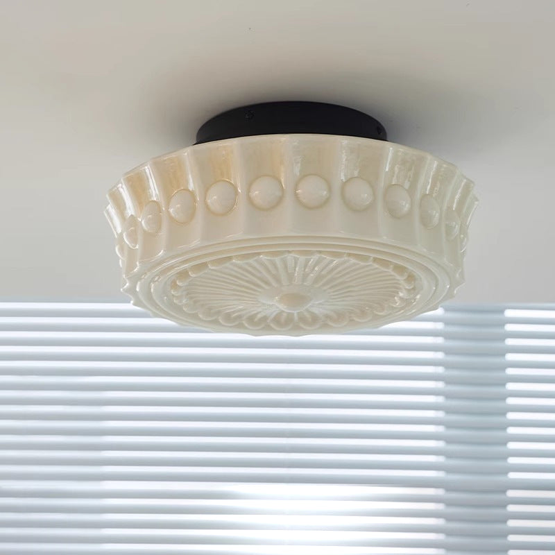 Traditional Vintage Round Pattern Glass Iron LED Semi-flush Mount Ceiling Light for Bedroom