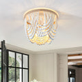 Traditional Vintage Round Curtain Wooden Beads Sisal Hardware 3-Light Flush Mount Ceiling Light For Bedroom