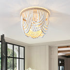 Traditional Vintage Round Curtain Wooden Beads Sisal Hardware 3-Light Flush Mount Ceiling Light For Bedroom