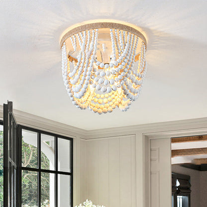 Traditional Vintage Round Curtain Wooden Beads Sisal Hardware 3-Light Flush Mount Ceiling Light For Bedroom