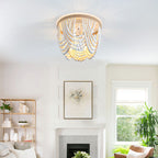 Traditional Vintage Round Curtain Wooden Beads Sisal Hardware 3-Light Flush Mount Ceiling Light For Bedroom
