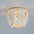 Traditional Vintage Round Curtain Wooden Beads Sisal Hardware 3-Light Flush Mount Ceiling Light For Bedroom