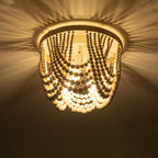 Traditional Vintage Round Curtain Wooden Beads Sisal Hardware 3-Light Flush Mount Ceiling Light For Bedroom