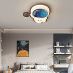 Modern Art Deco Spaceman Star Moon PE Rubberwood LED Kids Flush Mount Ceiling Light For Bedroom
