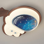 Modern Art Deco Spaceman Star Moon PE Rubberwood LED Kids Flush Mount Ceiling Light For Bedroom