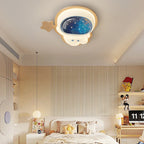 Modern Art Deco Spaceman Star Moon PE Rubberwood LED Kids Flush Mount Ceiling Light For Bedroom