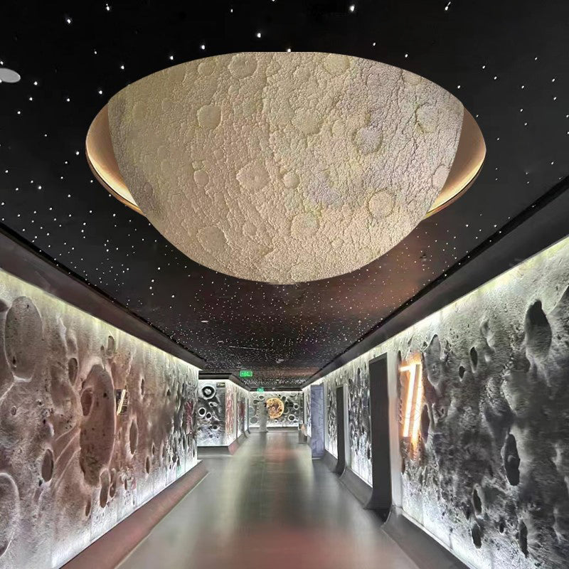 Modern Minimalist Semicircle Embossed Moon Resin LED Flush Mount Ceiling Light for Living Room