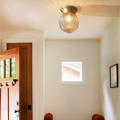 Contemporary Creative Pineapple Orange Orb Glass Copper 1-Light Semi-Flush Mount Ceiling Light For Living Room