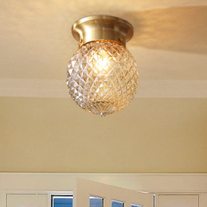 Contemporary Creative Pineapple Orange Orb Glass Copper 1-Light Semi-Flush Mount Ceiling Light For Living Room