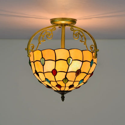 Traditional Tiffany Basket Semi-Round Beads Glass Iron 2-Light Semi-Flush Mount Ceiling Light For Living Room