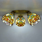 Traditional Tiffany Branch Round Square Glass Iron 3-Light Semi-Flush Mount Ceiling Light For Living Room