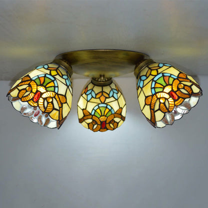 Traditional Tiffany Branch Round Square Glass Iron 3-Light Semi-Flush Mount Ceiling Light For Living Room