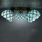 Traditional Tiffany Round Irregular Square Branch Glass Iron 3-light Semi-flush Mount Ceiling Light for Living Room