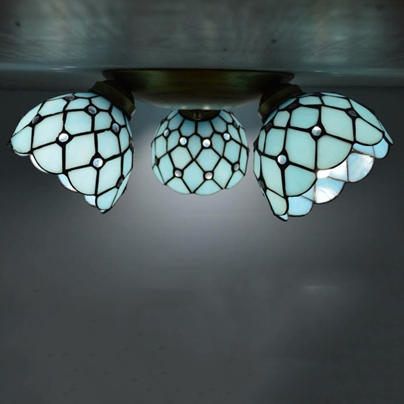 Traditional Tiffany Round Irregular Square Branch Glass Iron 3-light Semi-flush Mount Ceiling Light for Living Room
