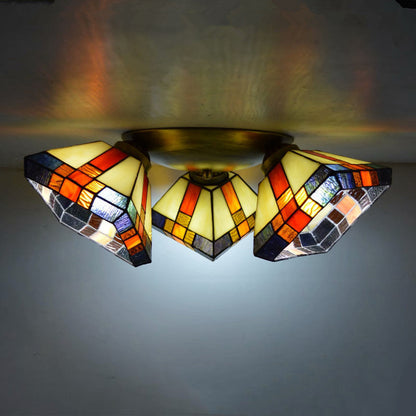 Traditional Tiffany Round Irregular Square Branch Glass Iron 3-light Semi-flush Mount Ceiling Light for Living Room