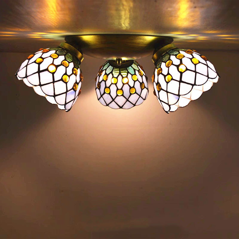 Traditional Tiffany Round Irregular Square Branch Glass Iron 3-light Semi-flush Mount Ceiling Light for Living Room