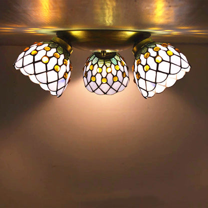 Traditional Tiffany Round Irregular Square Branch Glass Iron 3-light Semi-flush Mount Ceiling Light for Living Room