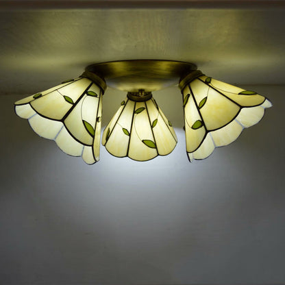 Traditional Tiffany Round Irregular Square Branch Glass Iron 3-light Semi-flush Mount Ceiling Light for Living Room