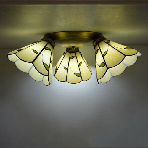 Traditional Tiffany Round Irregular Square Branch Glass Iron 3-light Semi-flush Mount Ceiling Light for Living Room