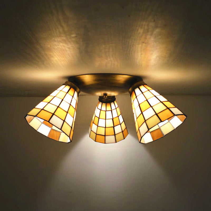 Traditional Tiffany Round Irregular Square Branch Glass Iron 3-light Semi-flush Mount Ceiling Light for Living Room