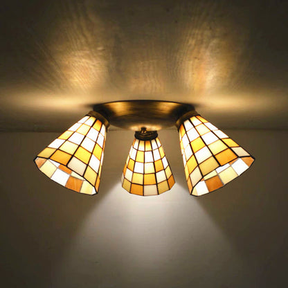 Traditional Tiffany Round Irregular Square Branch Glass Iron 3-light Semi-flush Mount Ceiling Light for Living Room