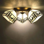 Traditional Tiffany Round Irregular Square Branch Glass Iron 3-light Semi-flush Mount Ceiling Light for Living Room