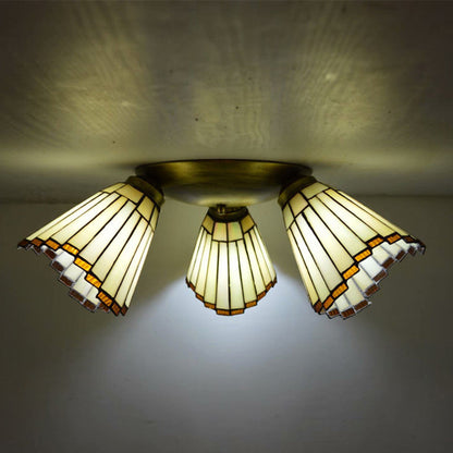 Traditional Tiffany Round Irregular Square Branch Glass Iron 3-light Semi-flush Mount Ceiling Light for Living Room