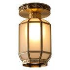 Traditional Chinese Cylinder Round Glass Copper 1-light Semi-flush Mount Ceiling Light for Living Room