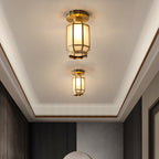 Traditional Chinese Cylinder Round Glass Copper 1-light Semi-flush Mount Ceiling Light for Living Room