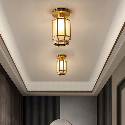Traditional Chinese Cylinder Round Glass Copper 1-light Semi-flush Mount Ceiling Light for Living Room